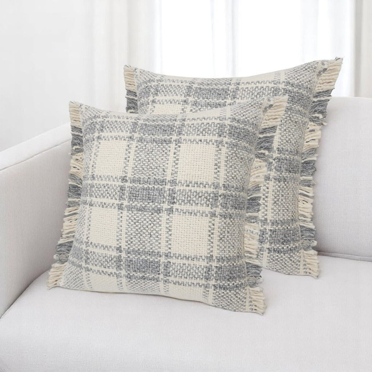 Edge Collections - 20-inch h x 20-inch w x 4-inch d - Gray - Fringed Plaid Throw Pillows for Home Decor - 2 Pieces